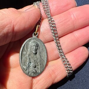 Silver Religious Pendant Necklace Madonna sacred heart 24” chain vintage